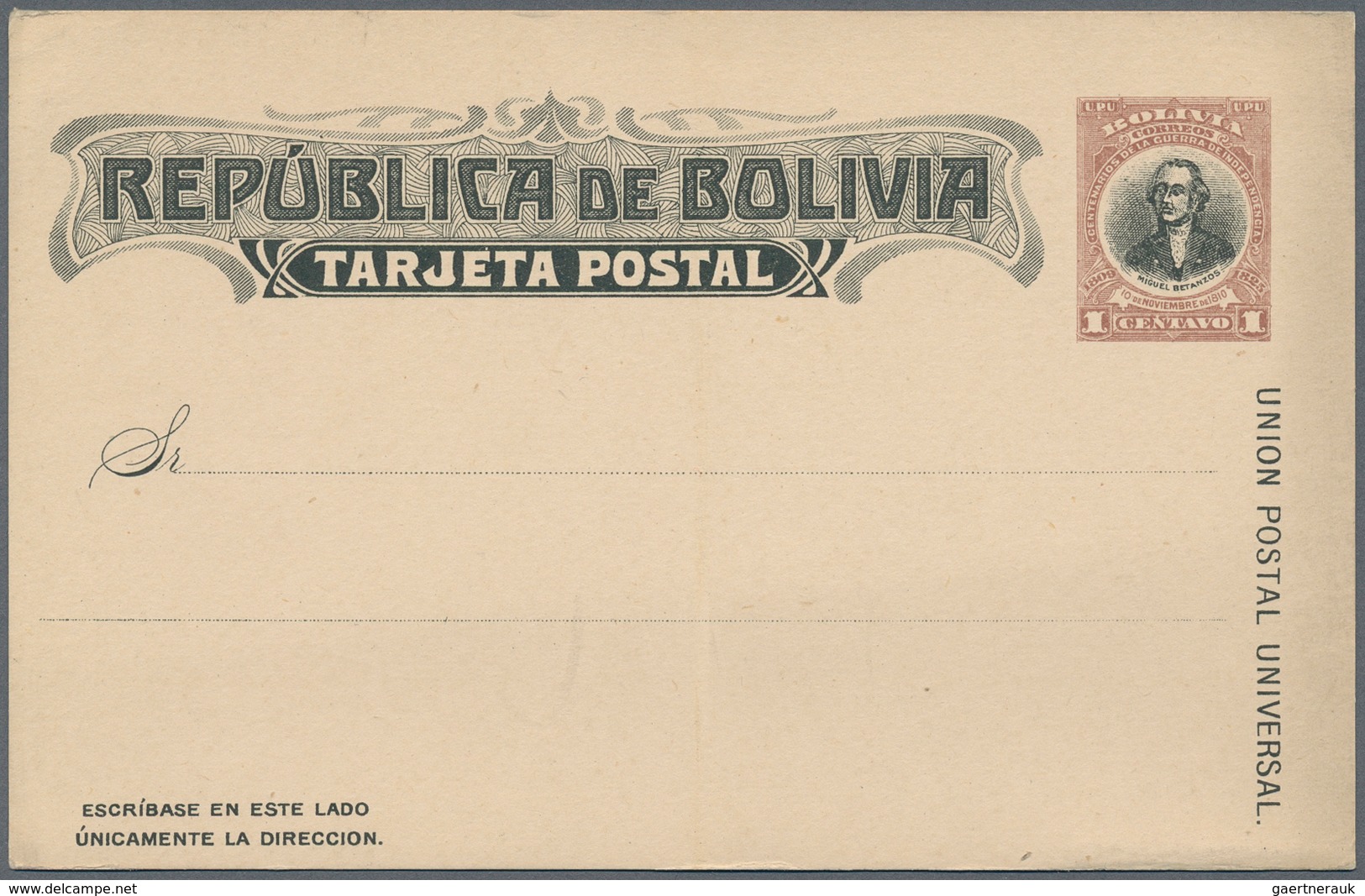 Bolivien: 1909, 1 Ct Brown/black M.Betanzos, Unlisted Essay Of Postal Stationery Card (similar To Bo - Bolivia