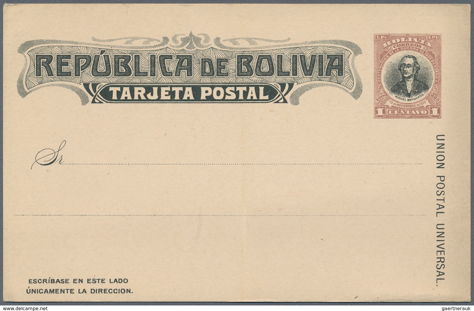 Bolivien: 1909, 1 Ct Brown/black M.Betanzos, Unlisted Essay Of Postal Stationery Card (similar To Bo - Bolivië