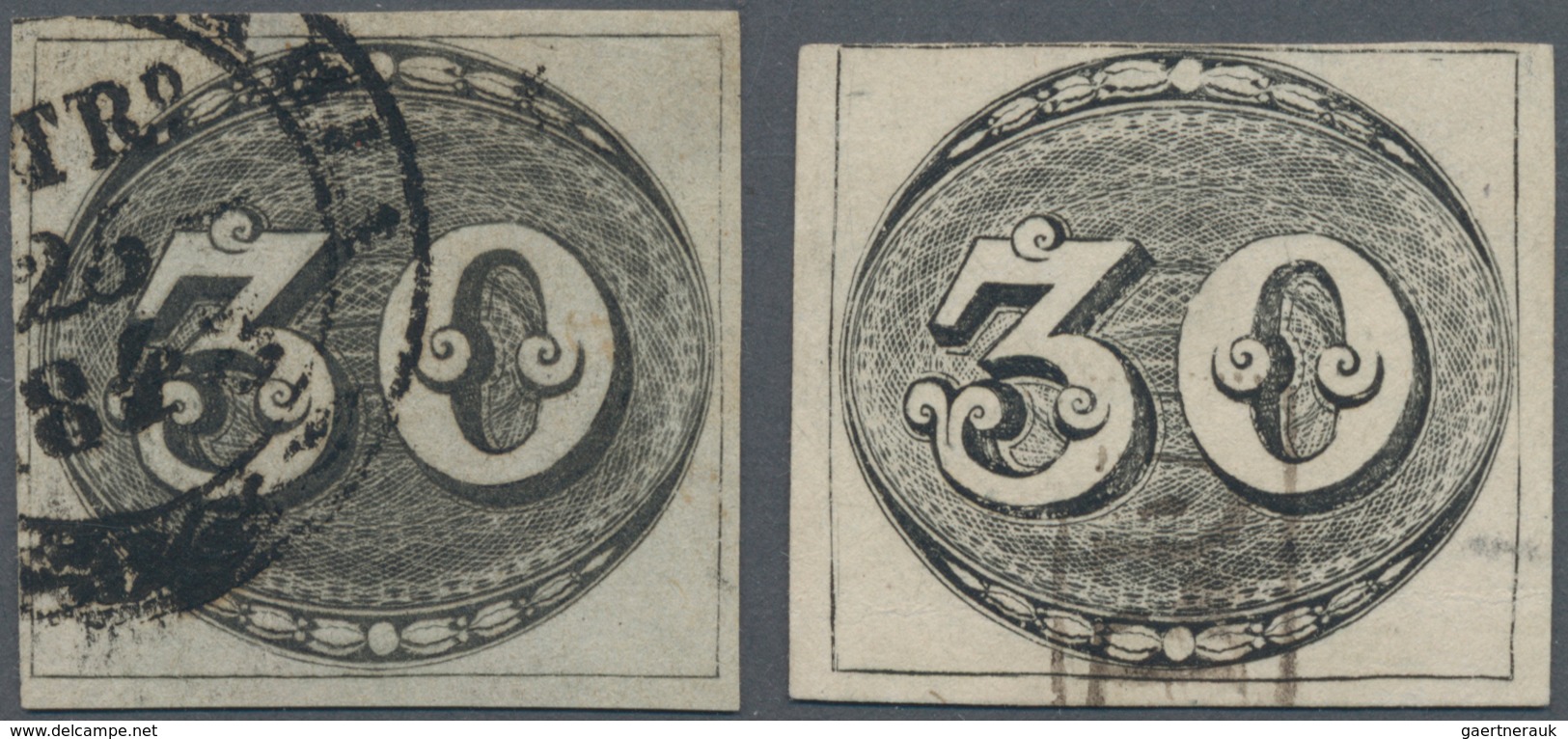 Brasilien: 1843, Bull's Eye Two 30 R. Black Fine Cancelled, Variety Printed On Thin And Thick Paper, - Other & Unclassified
