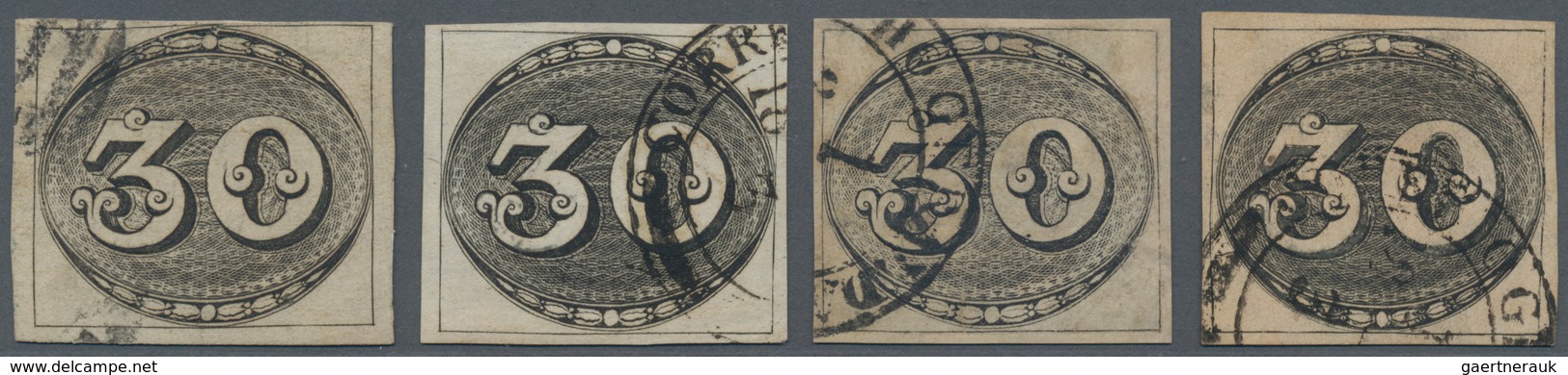Brasilien: 1843, Bull's Eye 30 R. Black Four Stamps On Thin And Thick Paper, Different Colors And Im - Other & Unclassified
