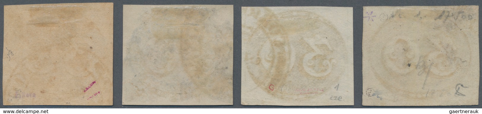 Brasilien: 1843, Bull's Eye 30 R. Black Four Stamps On Thin And Thick Paper, Different Colors And Im - Other & Unclassified