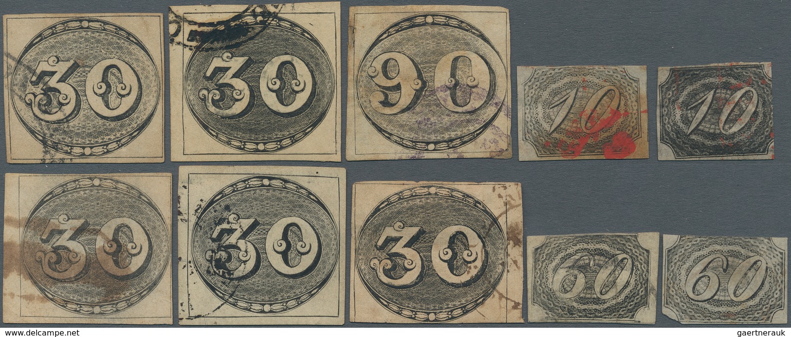 Brasilien: 1843-44, First Issues Six Stamps Including 90r. Black Used, Some Thins And Faults As Usua - Autres & Non Classés