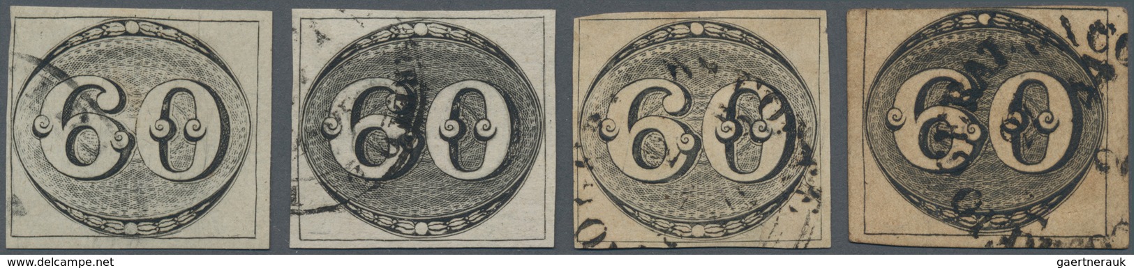 Brasilien: 1843, Bull's Eye 60 R. Black Four Stamps On Thin And Thick Paper, Different Colors And Im - Autres & Non Classés