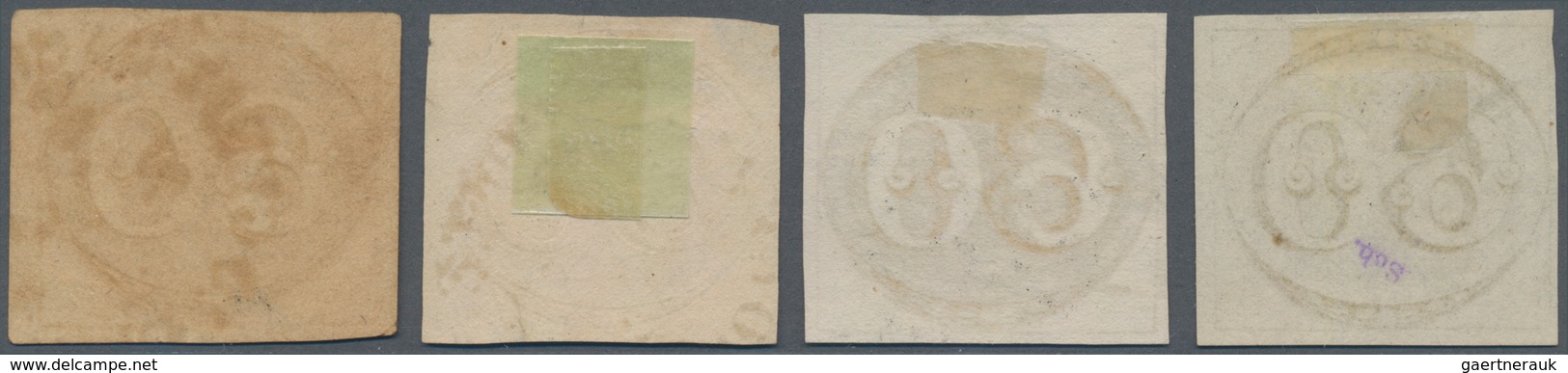 Brasilien: 1843, Bull's Eye 60 R. Black Four Stamps On Thin And Thick Paper, Different Colors And Im - Other & Unclassified