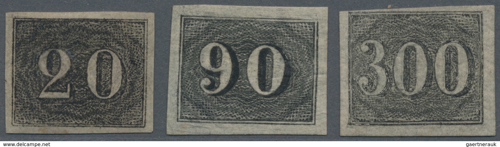 Brasilien: 1850, 20 R. Black, 90 R. Black And 300 R. Black, Three Mint Hinged Stamps, 20 R. No Gum, - Other & Unclassified