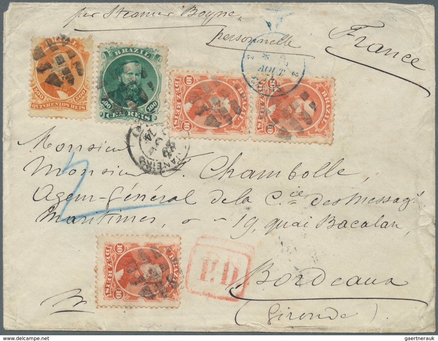 Brasilien: 1875, 10 R. Red (3 Inc. Pair), 100 R. Green And 500 R. Orange Canc. Grid On Cover Endorse - Other & Unclassified