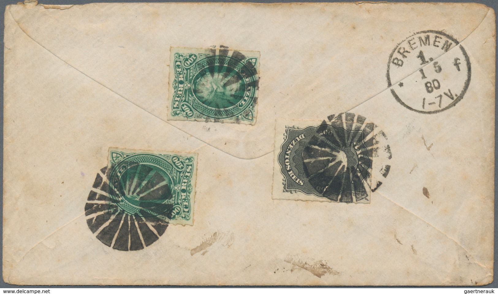 Brasilien: 1877, 2 X 100 R Green And 200 R Black "Pedro II", Rouletted, Each Tied By Cork Fancy Canc - Andere & Zonder Classificatie