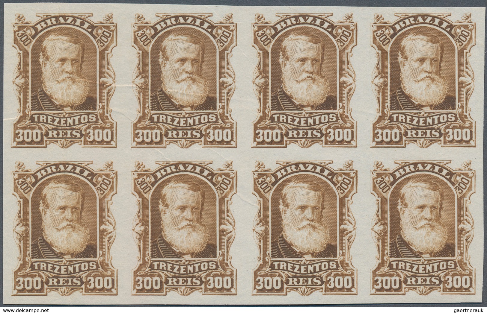 Brasilien: 1878-79, 300 R. Bister Imperf Block Of Eight On White Wove Paper, Vertical Crease At Left - Andere & Zonder Classificatie