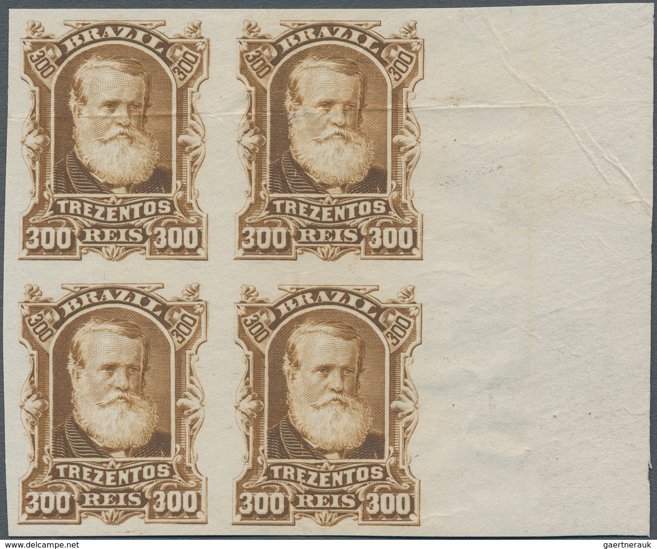 Brasilien: 1878-79, 300 R. Bister Imperf Block Of Four On White Wove Paper, Mint No Gum, Right Corne - Otros & Sin Clasificación