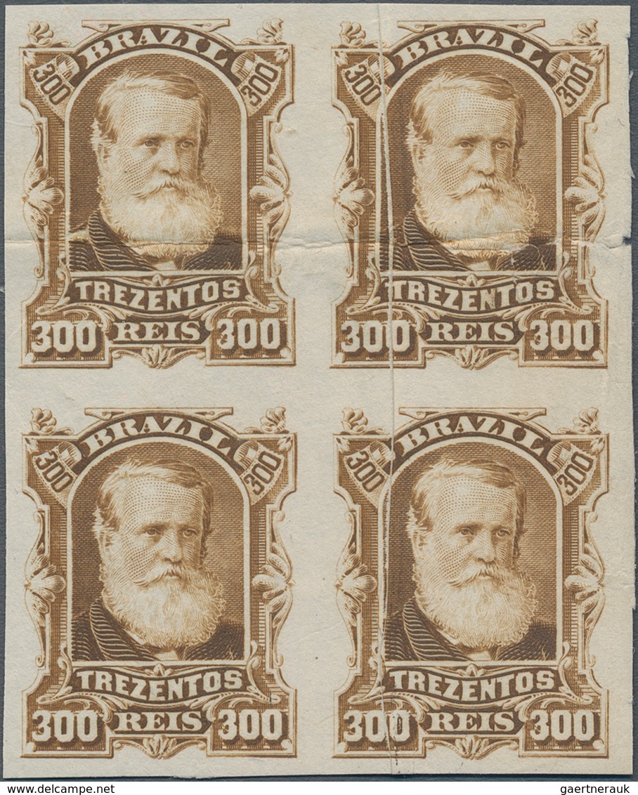 Brasilien: 1878-79, 300 R. Bister Imperf Block Of Four On White Wove Paper, Mint No Gum, Flaw At Top - Other & Unclassified