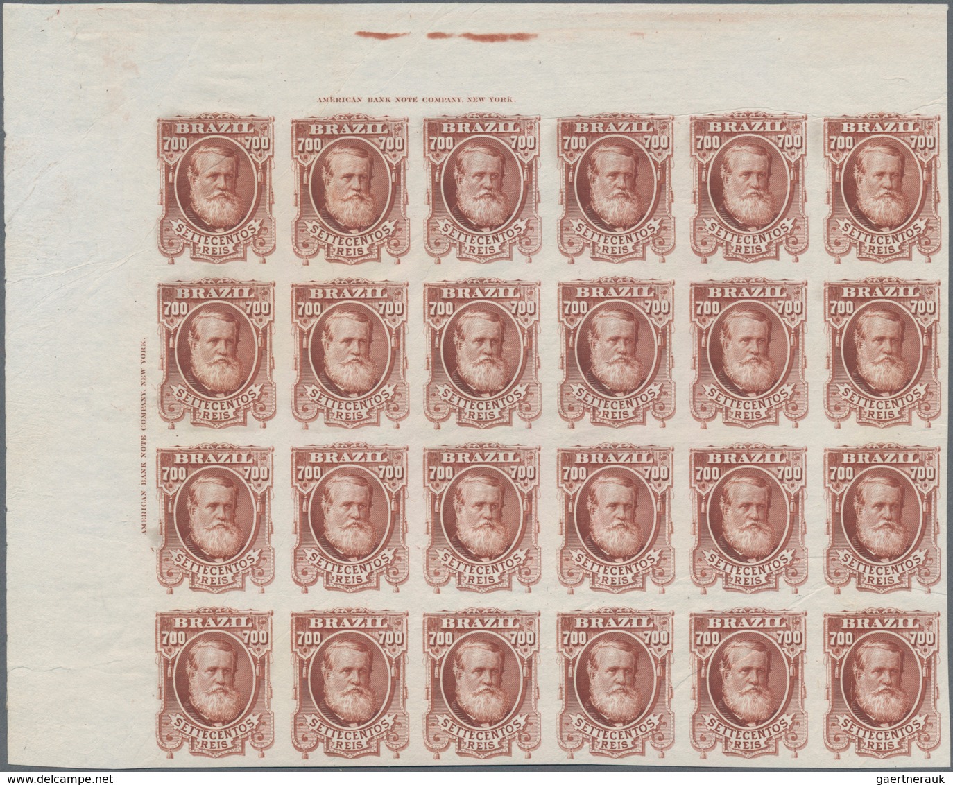 Brasilien: 1878-79, 700 R. Red-brown Imperf Block Of 24 On White Wove Paper, Left Top Wide Corner Ma - Other & Unclassified