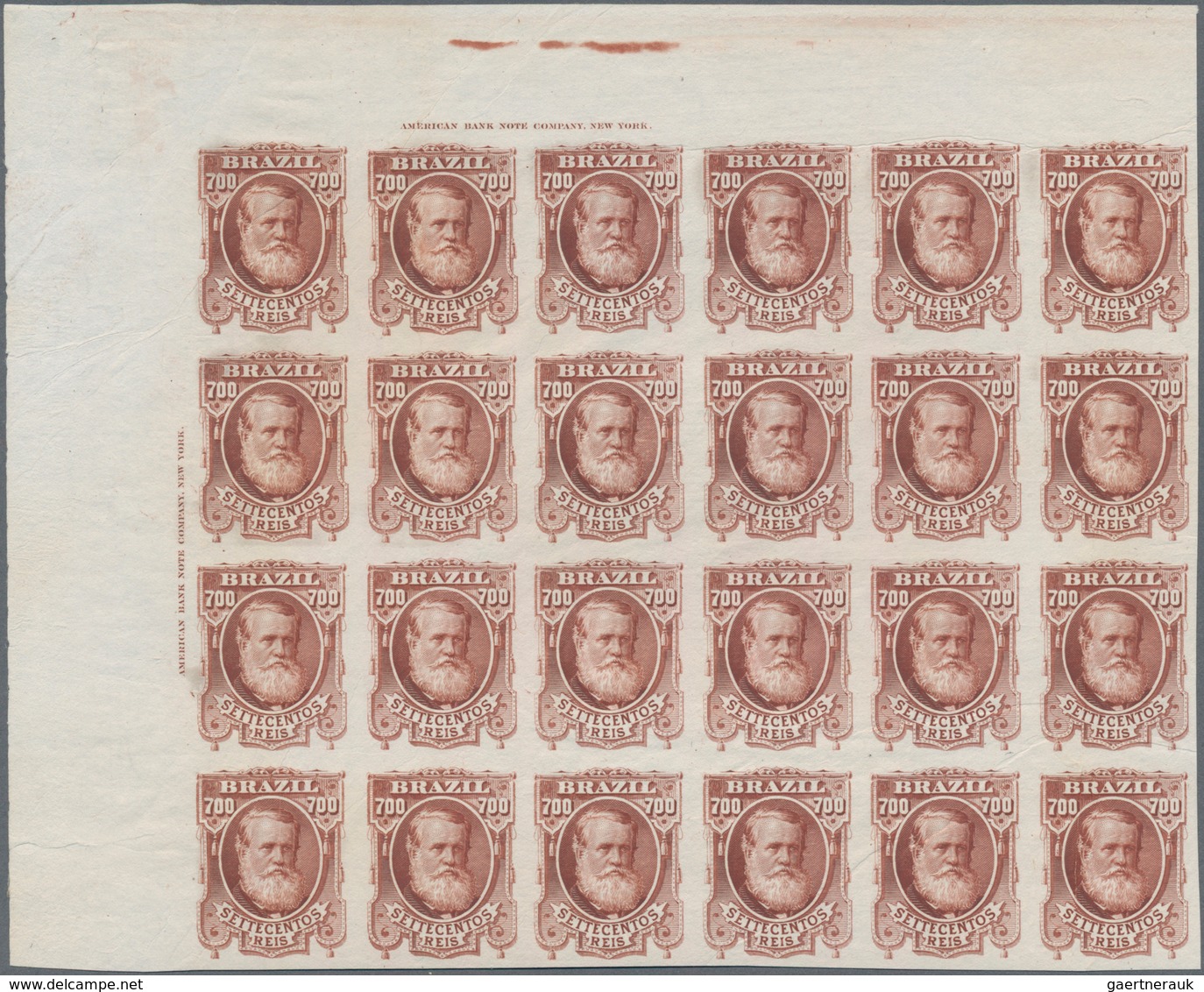 Brasilien: 1878-79, 700 R. Red-brown Imperf Block Of 24 On White Wove Paper, Left Top Wide Corner Ma - Andere & Zonder Classificatie