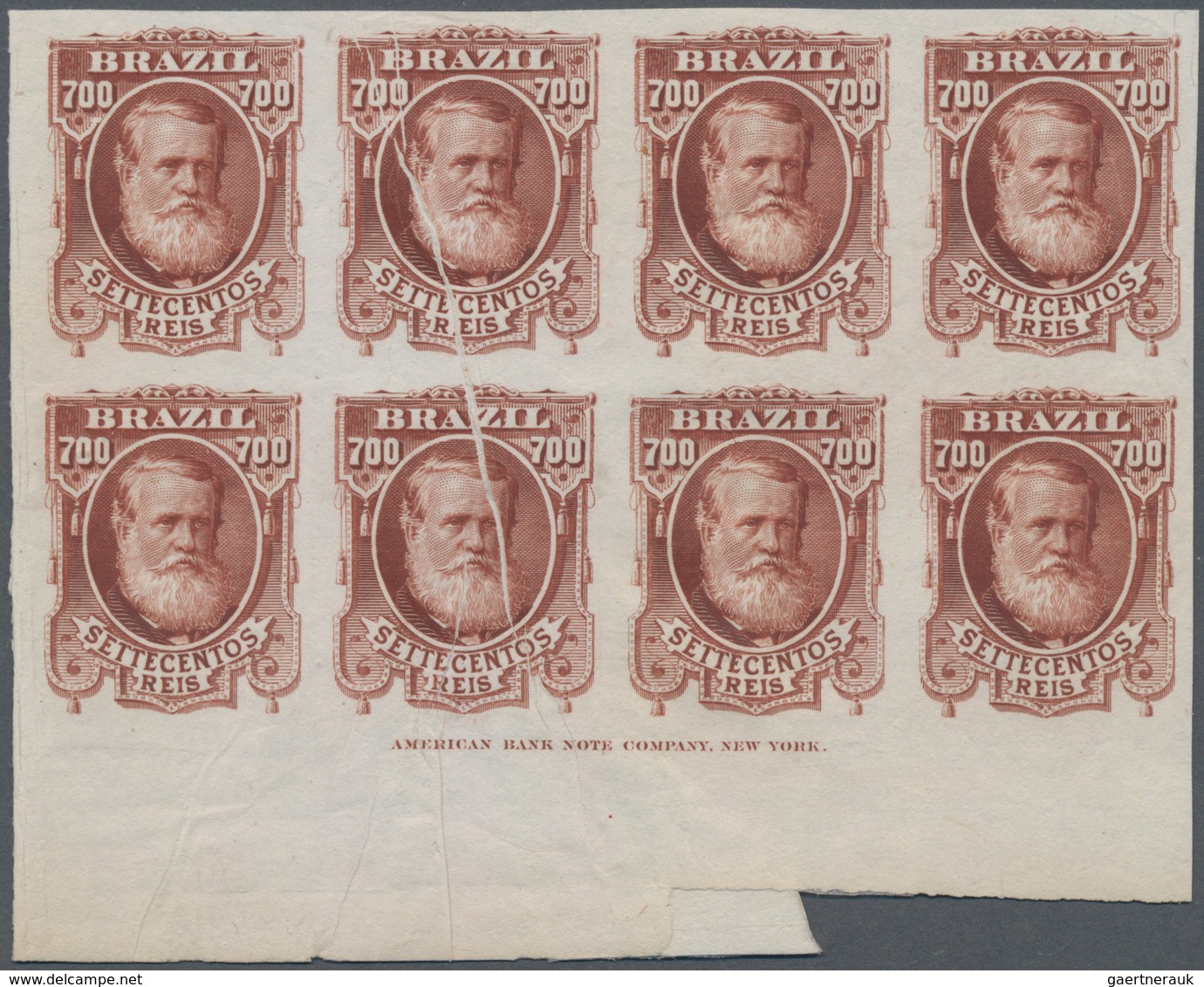 Brasilien: 1878-79, 700 R. Red-brown Imperf Block Of Eight On White Wove Paper, Bottom Wide Corner M - Sonstige & Ohne Zuordnung