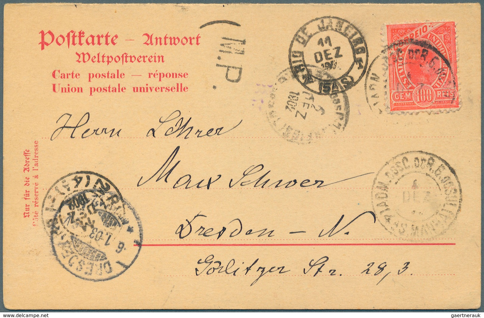 Brasilien: 1902, Germany 10 Pfg Cpl.postal Stationery Card With Reply Card From "DRESDEN, 25.101902" - Other & Unclassified
