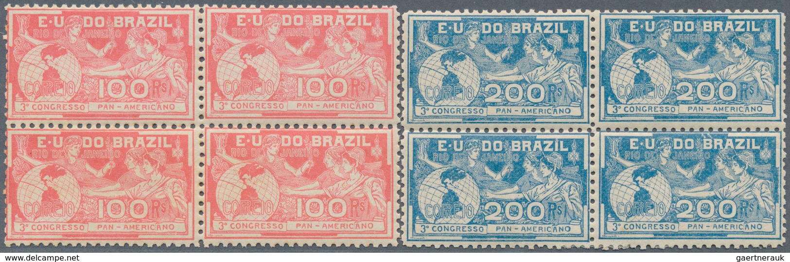 Brasilien: 1906, Pan-American Congress, 100r. And 200r., Blocks Of Four, Fresh Colours, Well Perfora - Otros & Sin Clasificación