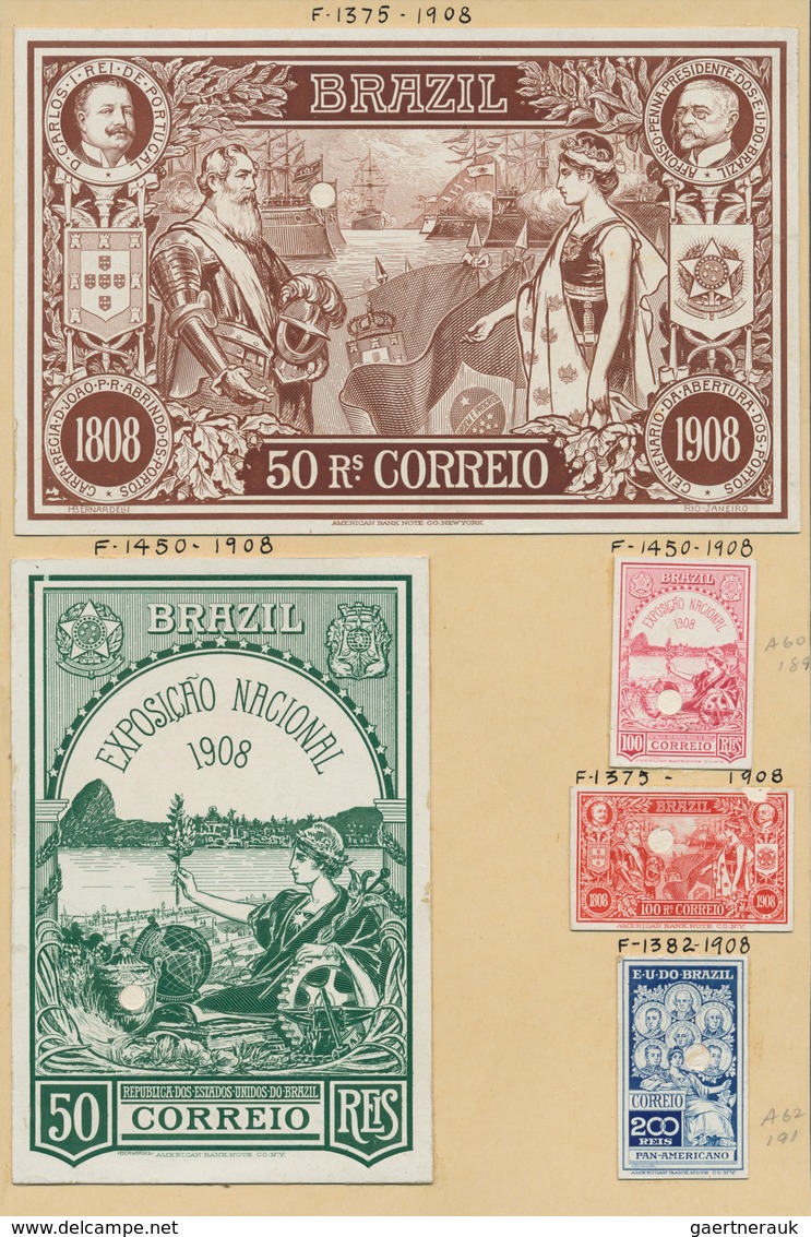 Brasilien: 1908, Imperforated PROOFs Of Stamps 100 R Red, 100 R Rose And 200 R Blue "National Exposi - Other & Unclassified