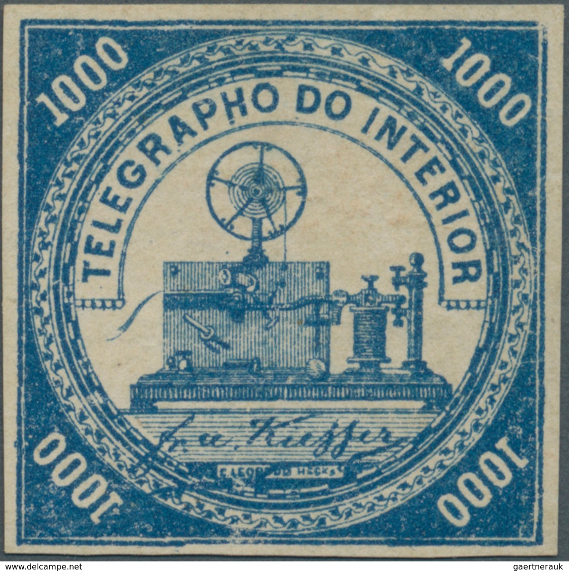 Brasilien - Telegrafenmarken: 1873, 1000r. Blue, Wm "Lacroix Freres", Fresh Colour, Full Margins, Un - Telegrafo