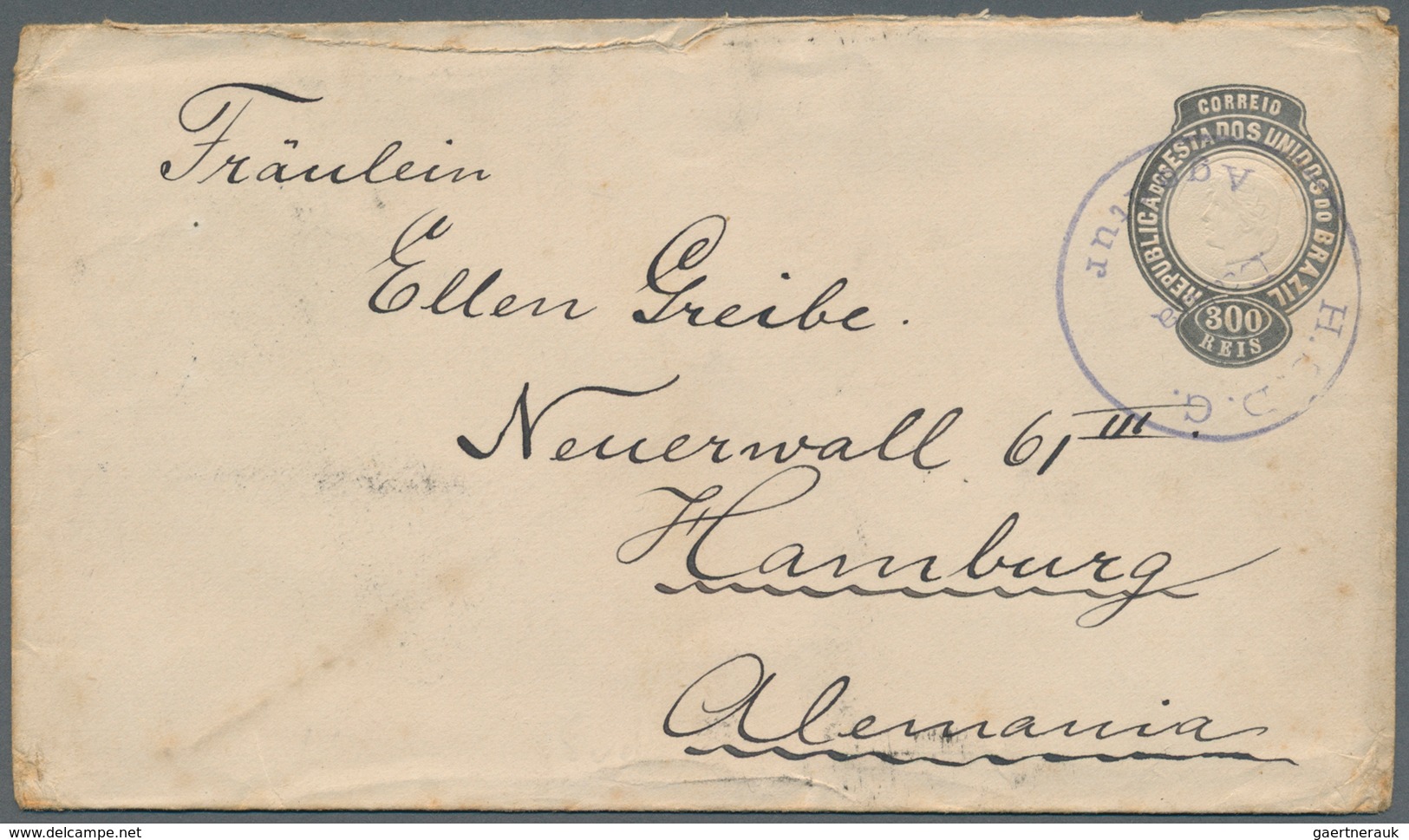 Brasilien - Ganzsachen: 1894, 300 R. Postal Stationery Envelope Used With Violet Cancel "H.S.D.G. Ba - Postwaardestukken