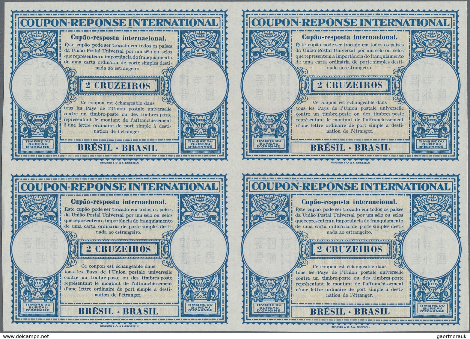 Brasilien - Ganzsachen: 1948. International Reply Coupon 2 Cruzeiros (London Type) In An Unused Bloc - Postwaardestukken