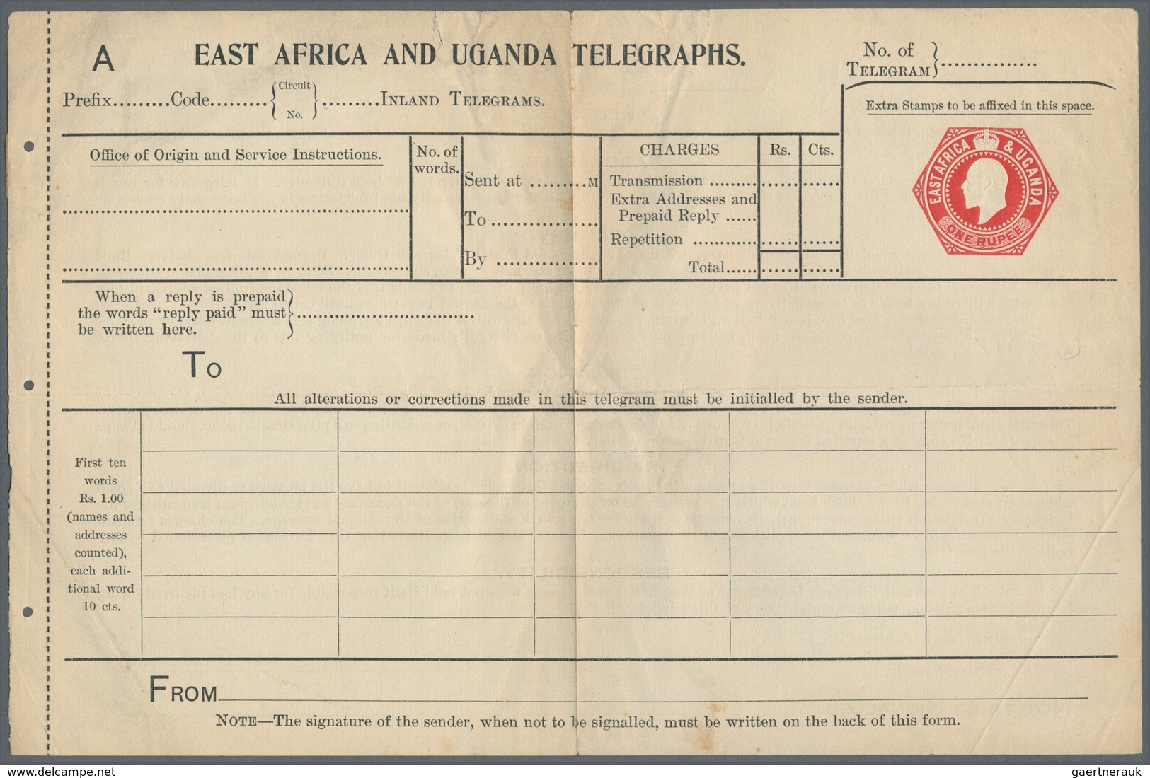 Britisch-Ostafrika Und Uganda - Ganzsachen: 1903, 1 R. Postal Stationery Telegraph, Unused, Folded A - East Africa & Uganda Protectorates