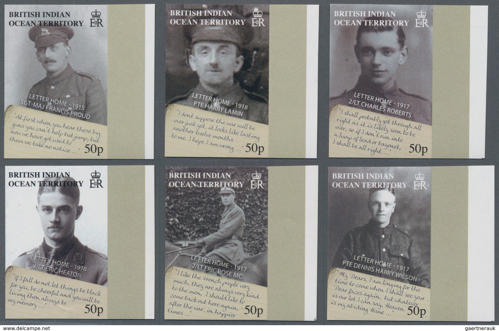 Britisches Territorium Im Indischen Ozean: 2008, 90 Years End Of WWI Complete IMPERFORATE Set Of Six - Other & Unclassified