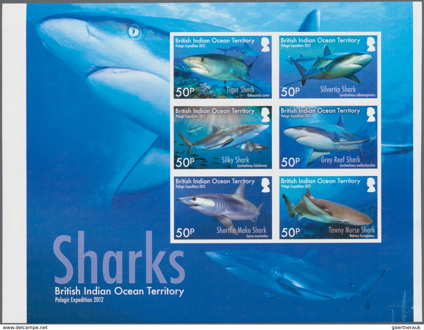 Britisches Territorium Im Indischen Ozean: 2016, Sharks Complete Set Of Six In An IMPERFORATE Sheetl - Andere & Zonder Classificatie