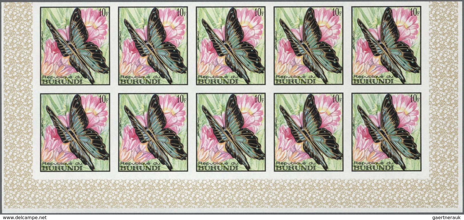 Burundi: 1968, Butterflies Complete Set Of 16 In IMPERFORATE Blocks Of Ten From Lower Margins, Mint - Other & Unclassified