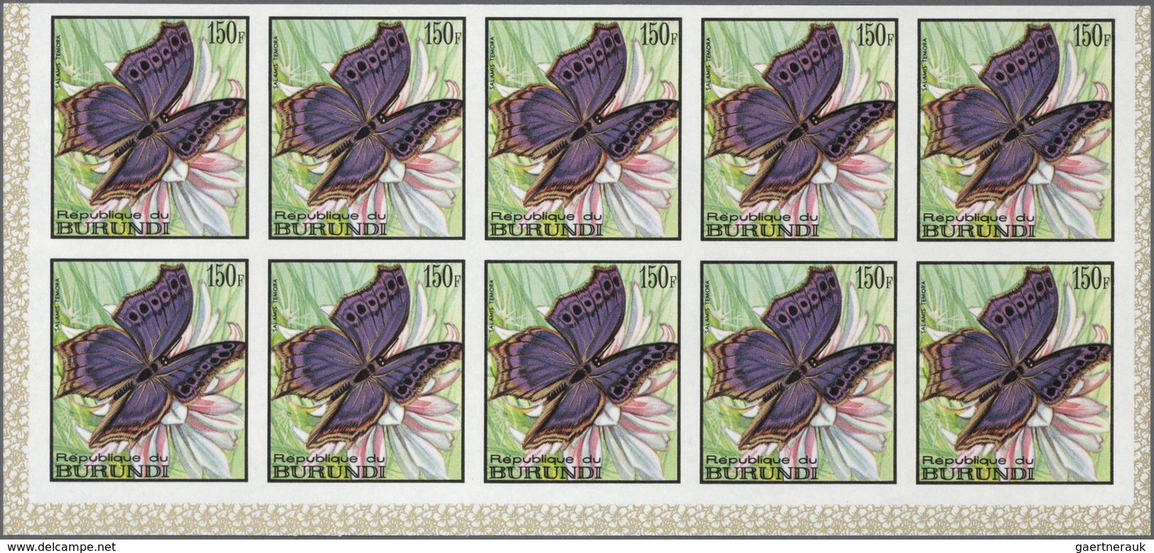 Burundi: 1968, Butterflies complete set of 16 in IMPERFORATE blocks of ten from lower margins, mint