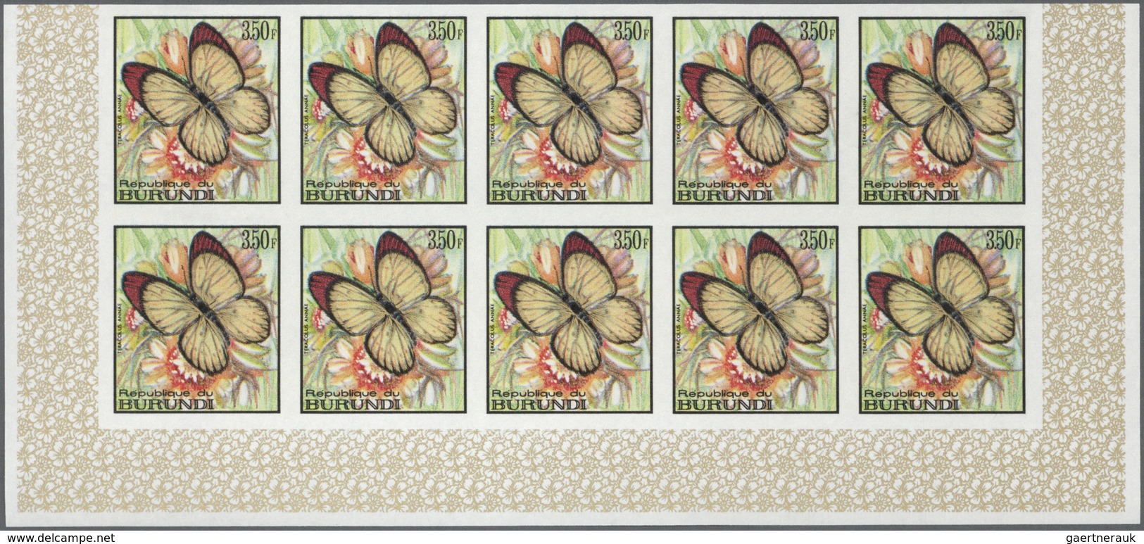 Burundi: 1968, Butterflies complete set of 16 in IMPERFORATE blocks of ten from lower margins, mint