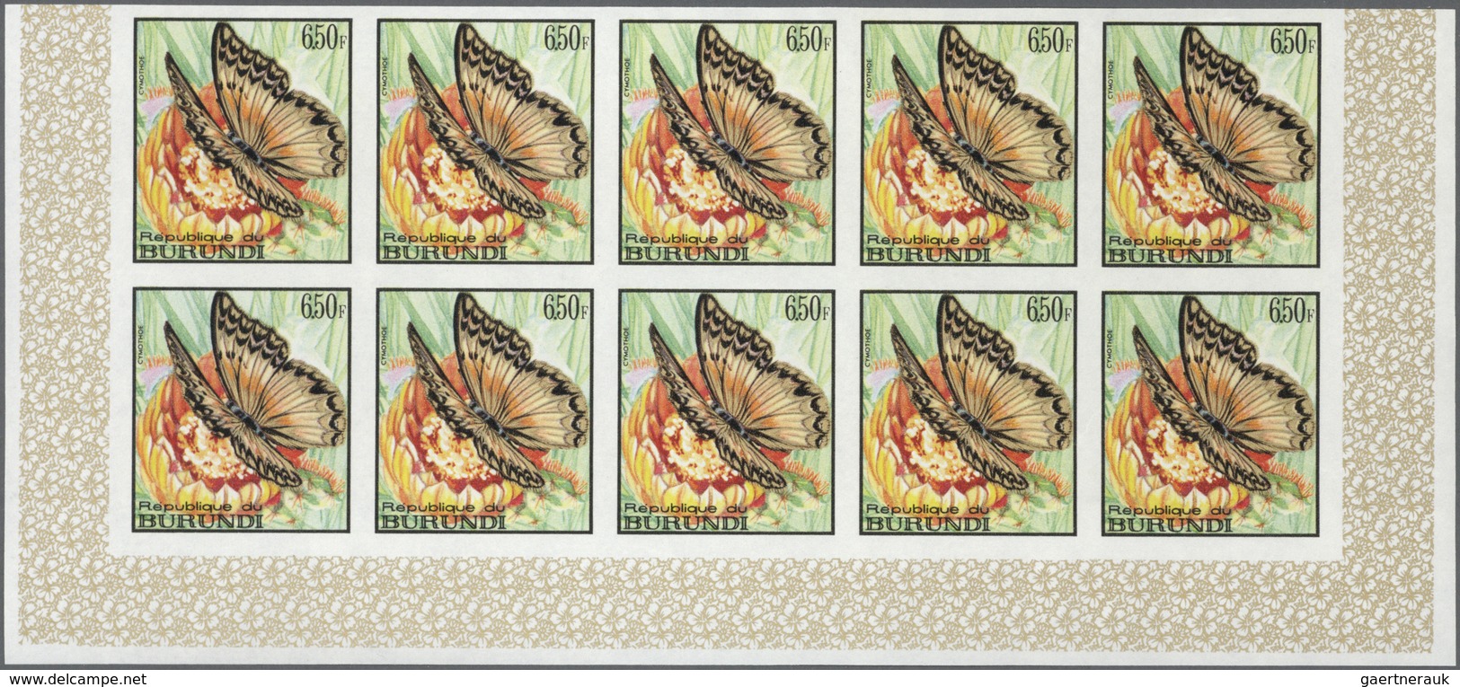 Burundi: 1968, Butterflies complete set of 16 in IMPERFORATE blocks of ten from lower margins, mint