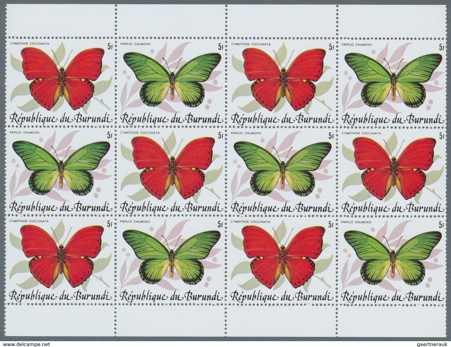 Burundi: 1984, Butterflies complete set of 10 in se-tenant pairs in blocks of 12 (six sets), mint ne