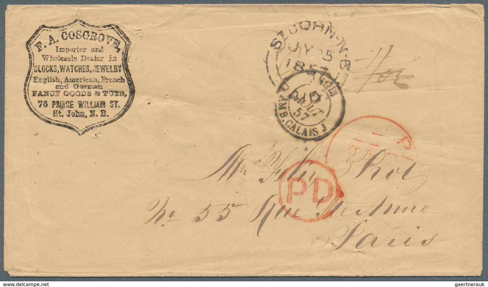 Neubraunschweig: 1857 Stampless Cover From St. John, New Brunswick To Paris, With Black Corner Card - Covers & Documents