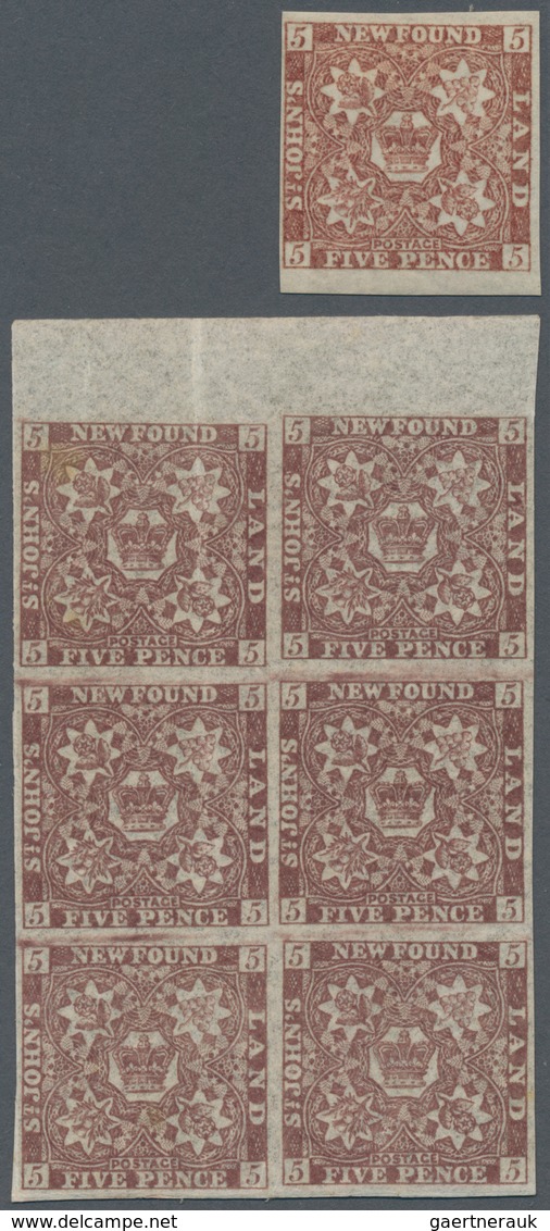 Neufundland: 1862/1864, 5d. Brown, Top Marginal Block Of Six (creasing) And Single Stamp, Mint Origi - 1857-1861