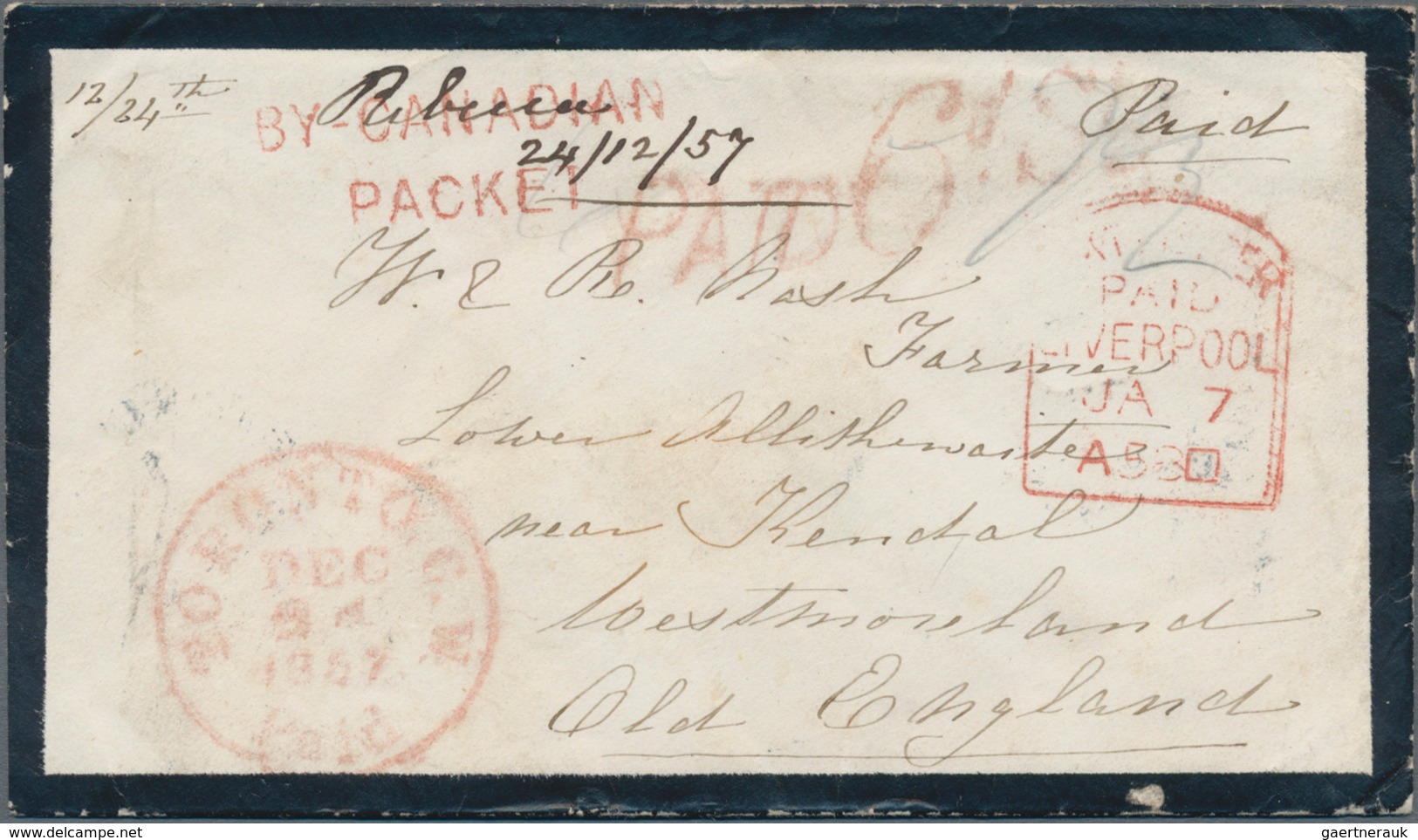 Canada: 1857, Mourning Cover Sent From "TORONTO DEC 24 1857" To Loer Allinthwaith Nr. Kendal, Old En - Other & Unclassified