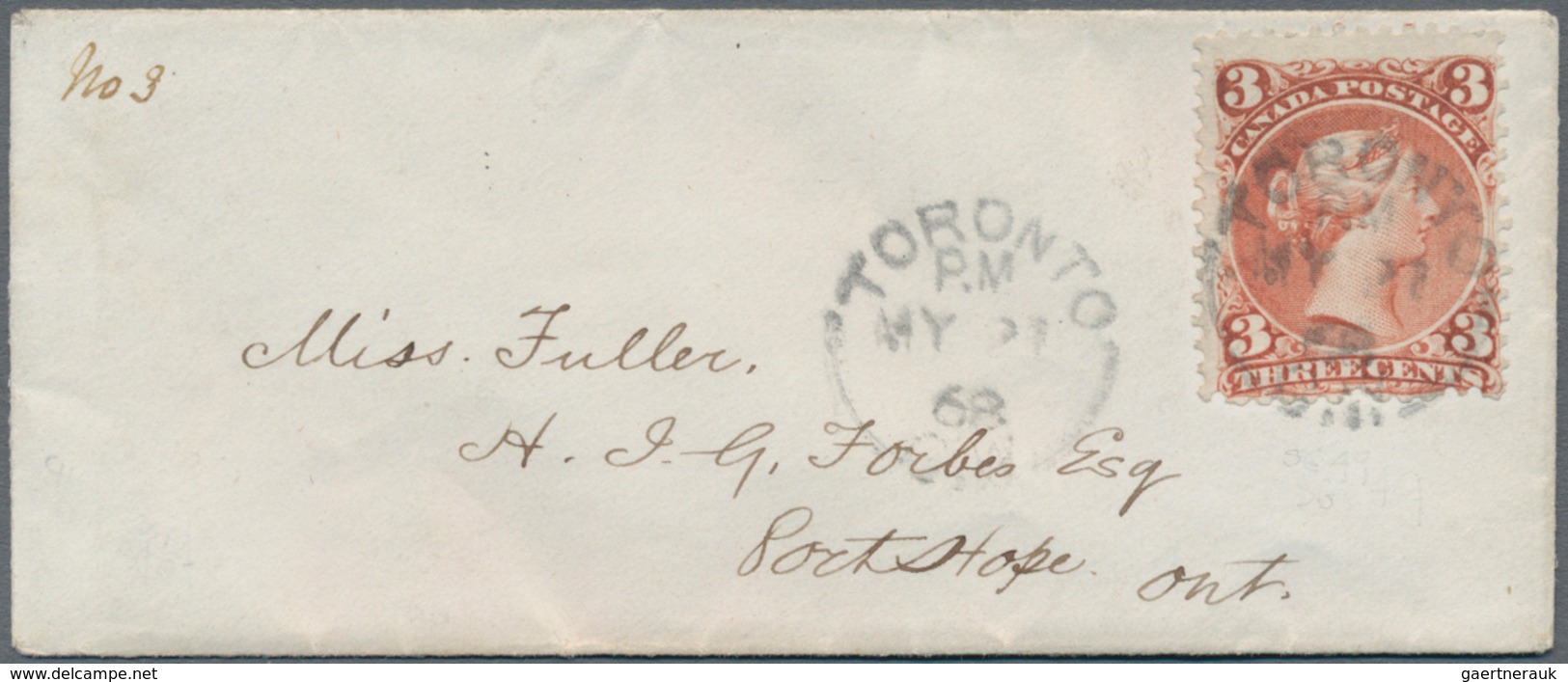 Canada: 1868/69, six very fine covers, each franked with 3 Cent QV large type.