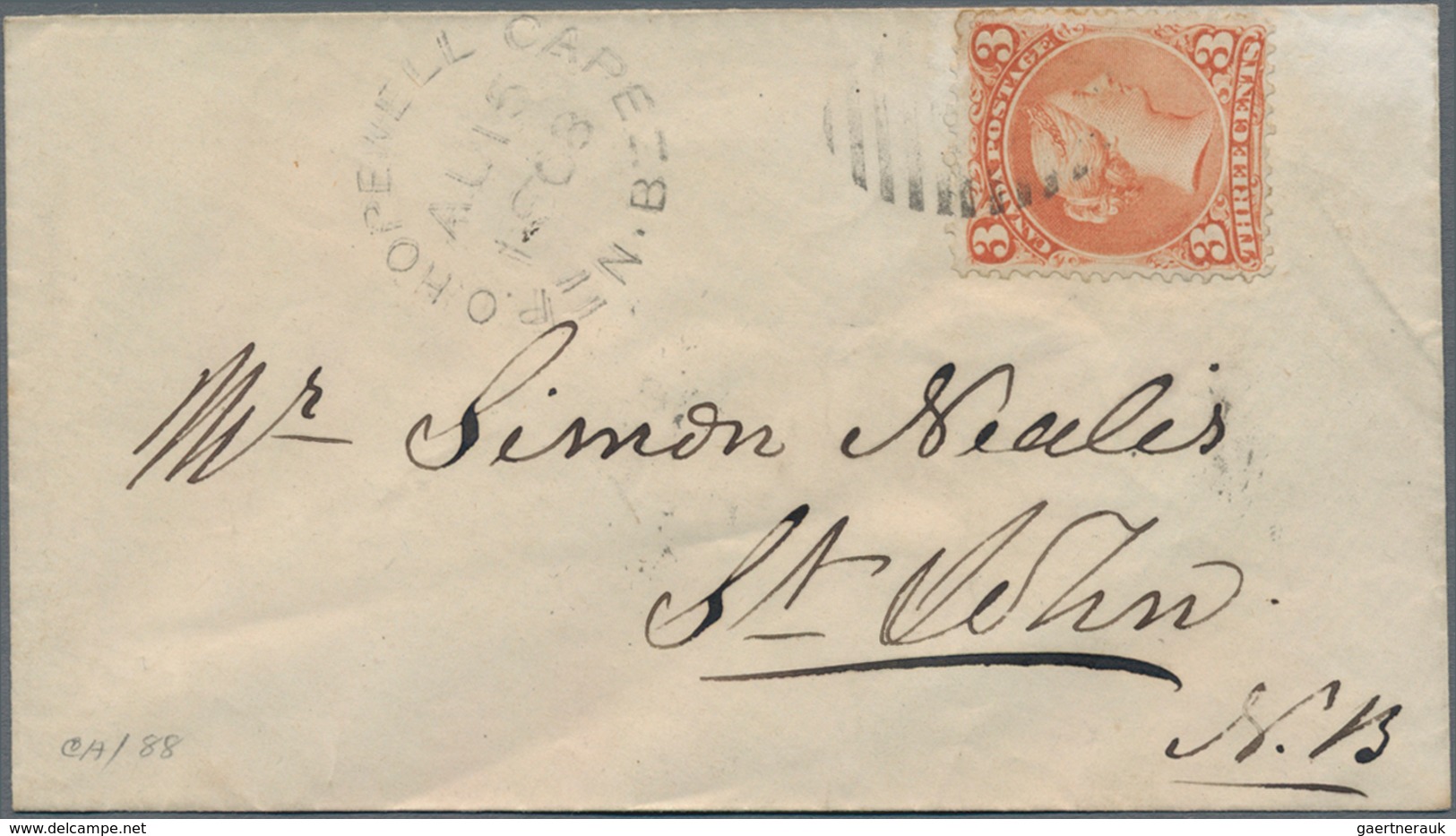 Canada: 1868/69, six very fine covers, each franked with 3 Cent QV large type.