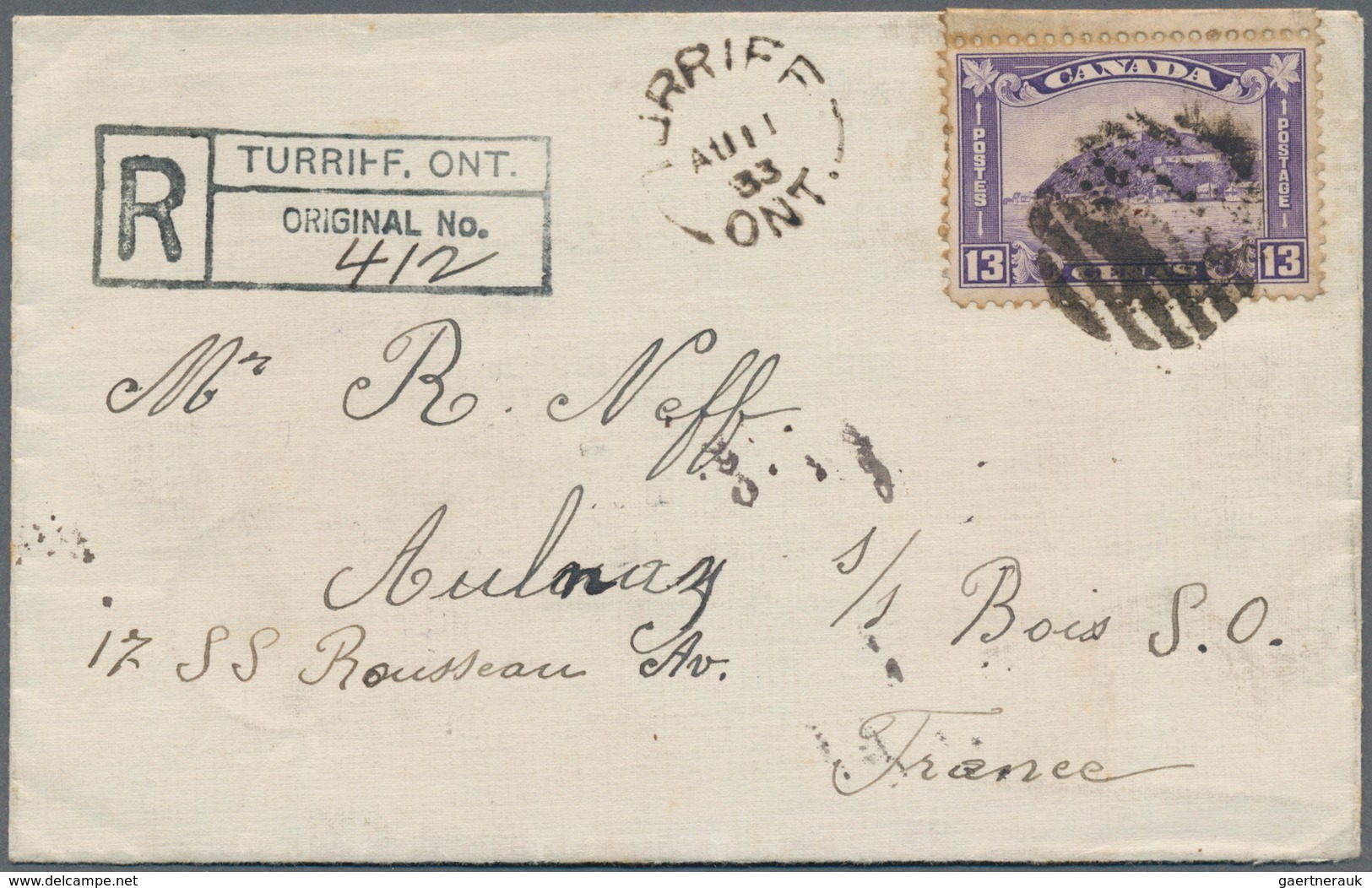 Canada: 1933 Registered Cover From Turiff, Ont. To Alnay /s Bois, France Franked By 1932 13c. Bright - Autres & Non Classés