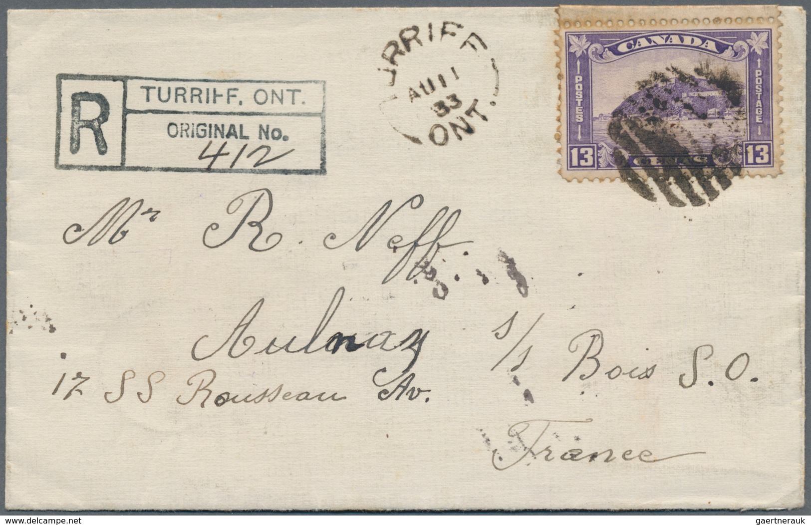 Canada: 1933 Registered Cover From Turiff, Ont. To Alnay /s Bois, France Franked By 1932 13c. Bright - Andere & Zonder Classificatie