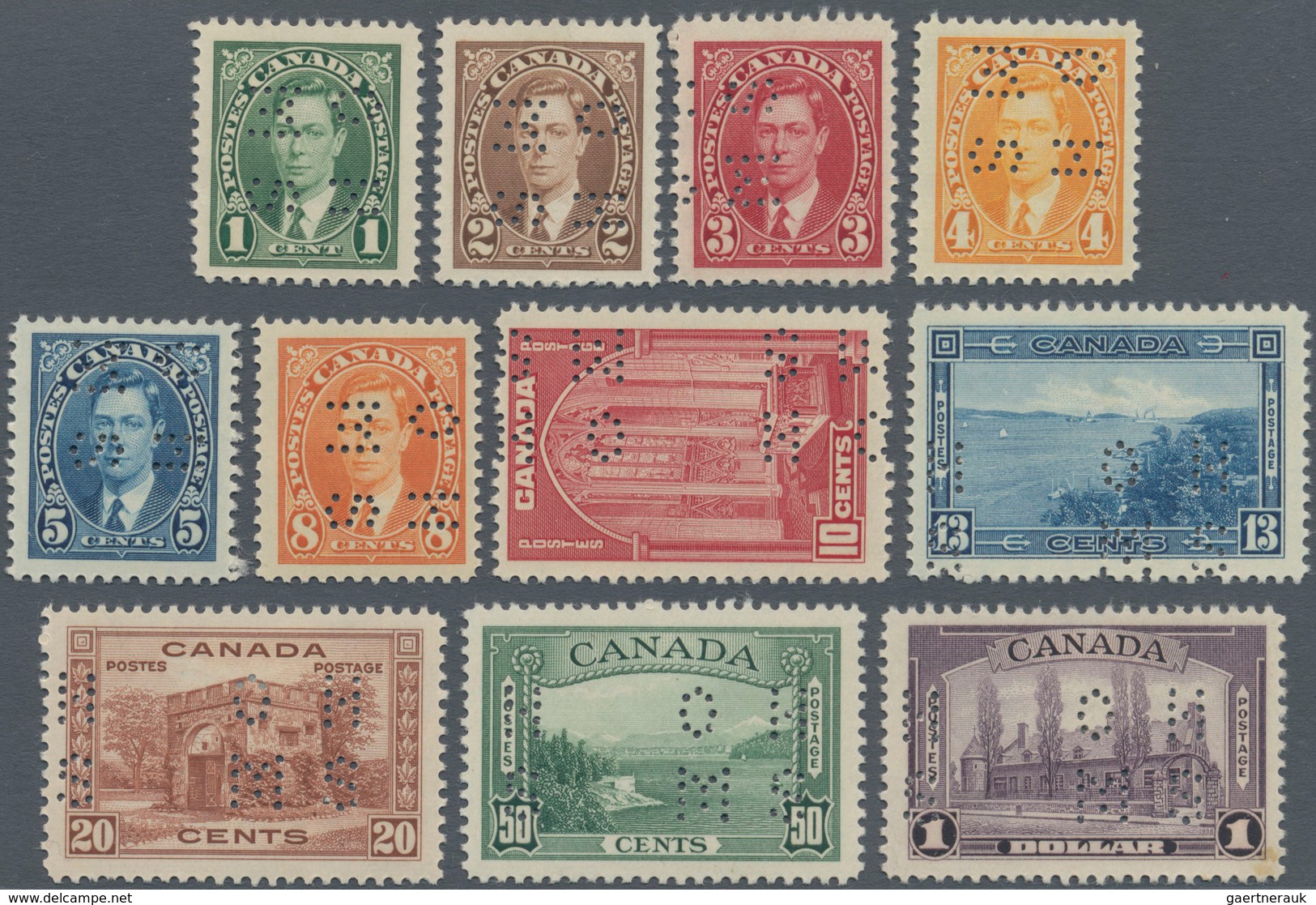 Canada - Dienstmarken: 1939, KGVI Definitives Punctured 'O H / M S' Complete Set Of 11, Mint Lightly - Overprinted