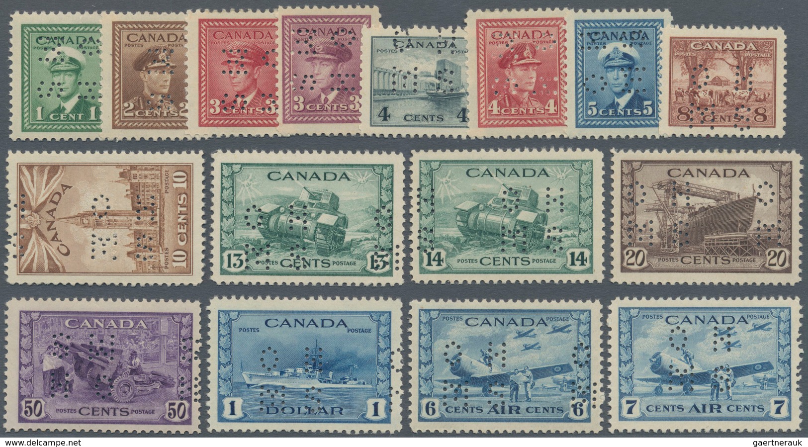 Canada - Dienstmarken: 1942/1943, KGVI War Effort Punctured 'O H / M S' Complete Set Of 16 Incl. The - Sovraccarichi