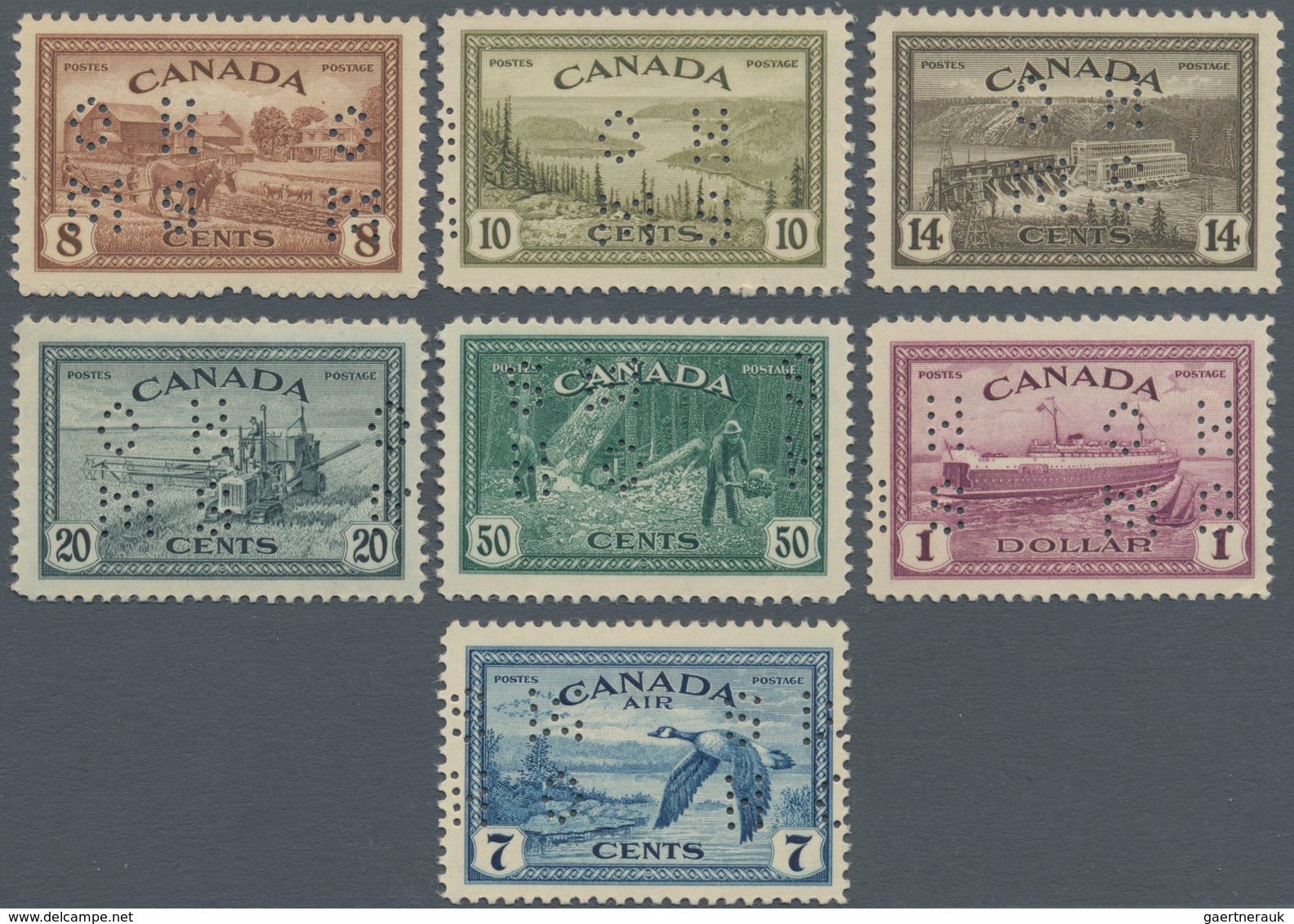 Canada - Dienstmarken: 1946, KGVI Peace Re-conversion Punctured 'O H / M S' Complete Set Of Seven In - Overprinted