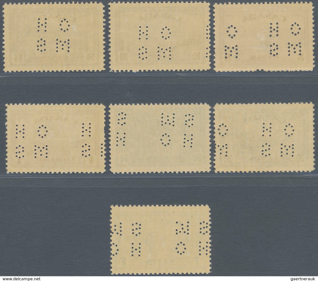 Canada - Dienstmarken: 1946, KGVI Peace Re-conversion Punctured 'O H / M S' Complete Set Of Seven In - Opdrukken