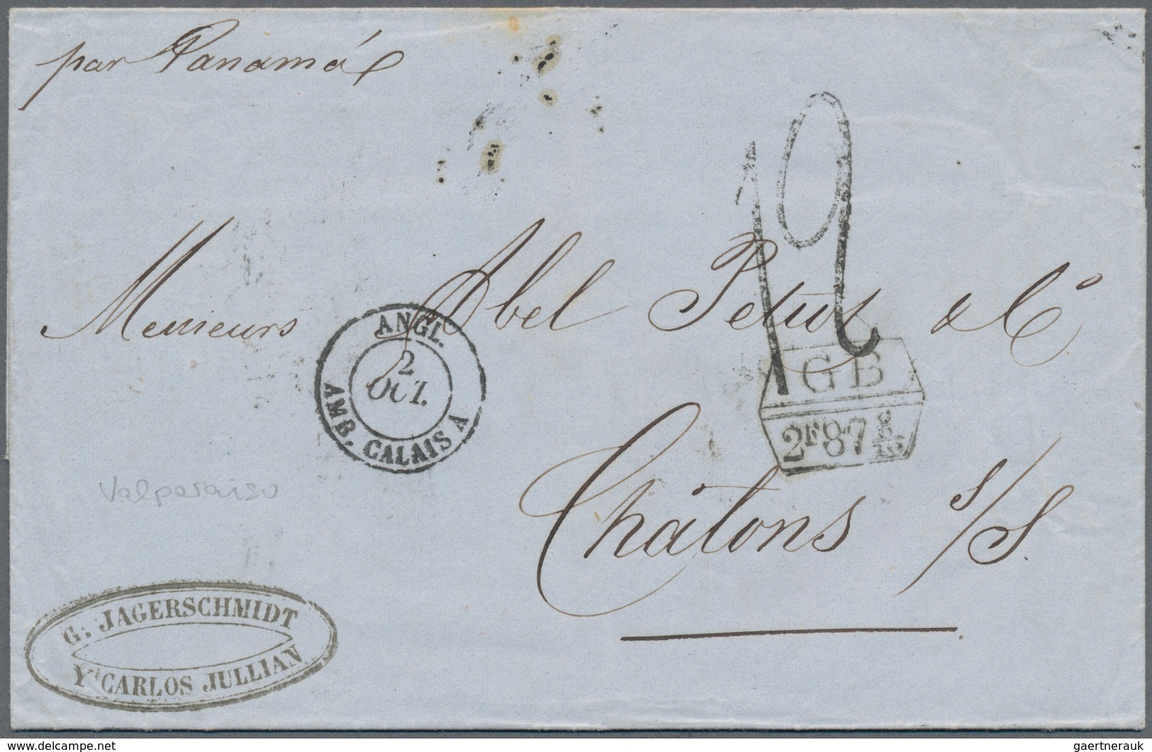 Chile: 1857, British Consulate Postmark On Folded Letter Backside From VALPARAISO To Chalon/France, - Chili