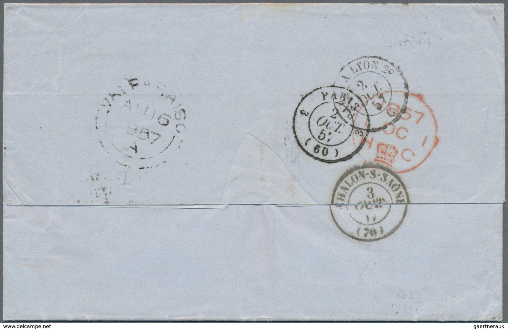 Chile: 1857, British Consulate Postmark On Folded Letter Backside From VALPARAISO To Chalon/France, - Chile