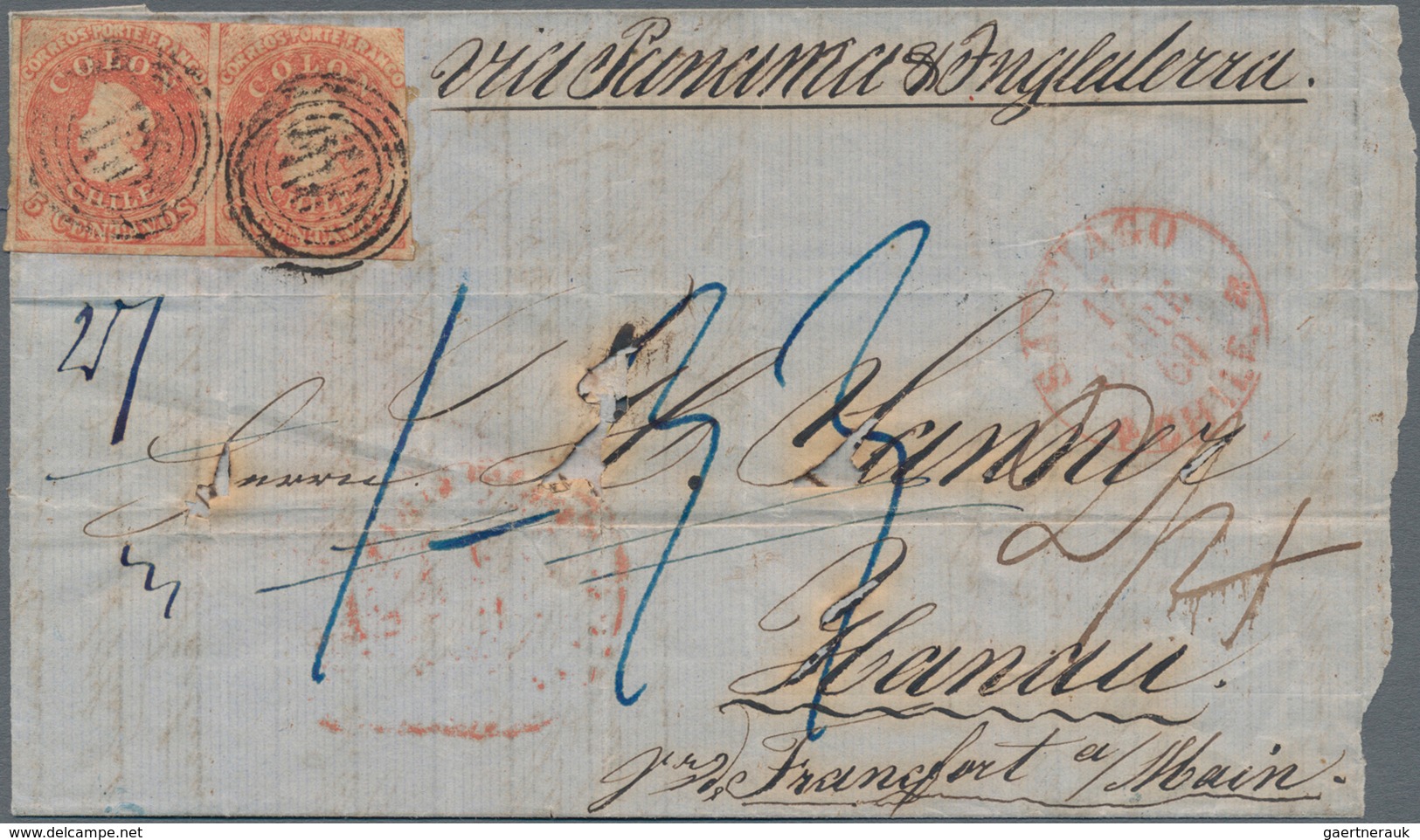 Chile: 1860, 5 C Red, Horizontal Pair, Right Stamp Touched, Else Close To Mostly Full Margins, Tied - Chile