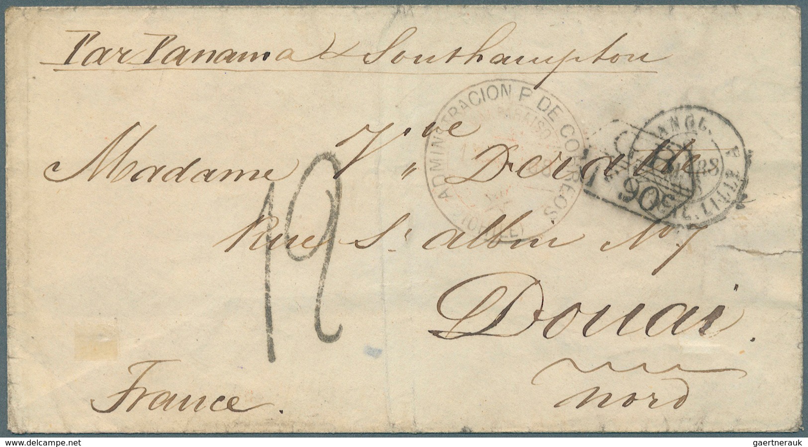 Chile: 1862-68, Three Stampless Folded Envelopes From VALPARAISO To Donai France With Several Tax Ma - Chili