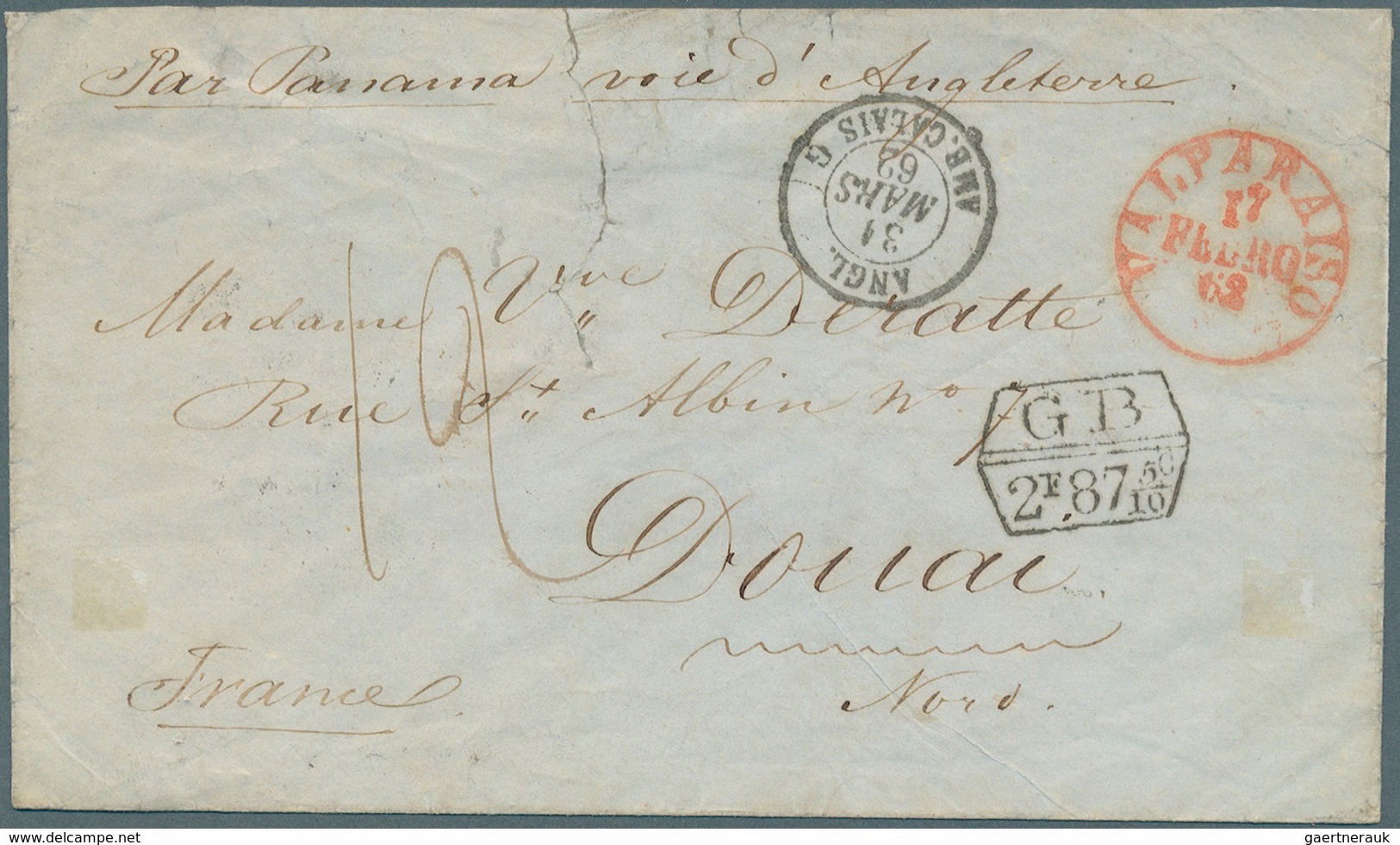 Chile: 1862-68, Three Stampless Folded Envelopes From VALPARAISO To Donai France With Several Tax Ma - Chili