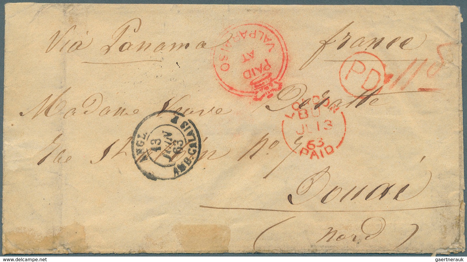 Chile: 1863, Stampless Folded Envelope Tied By Red Crown Mark "PAID AT VALPARAISO", Ms. "VIA PANAMA" - Chili
