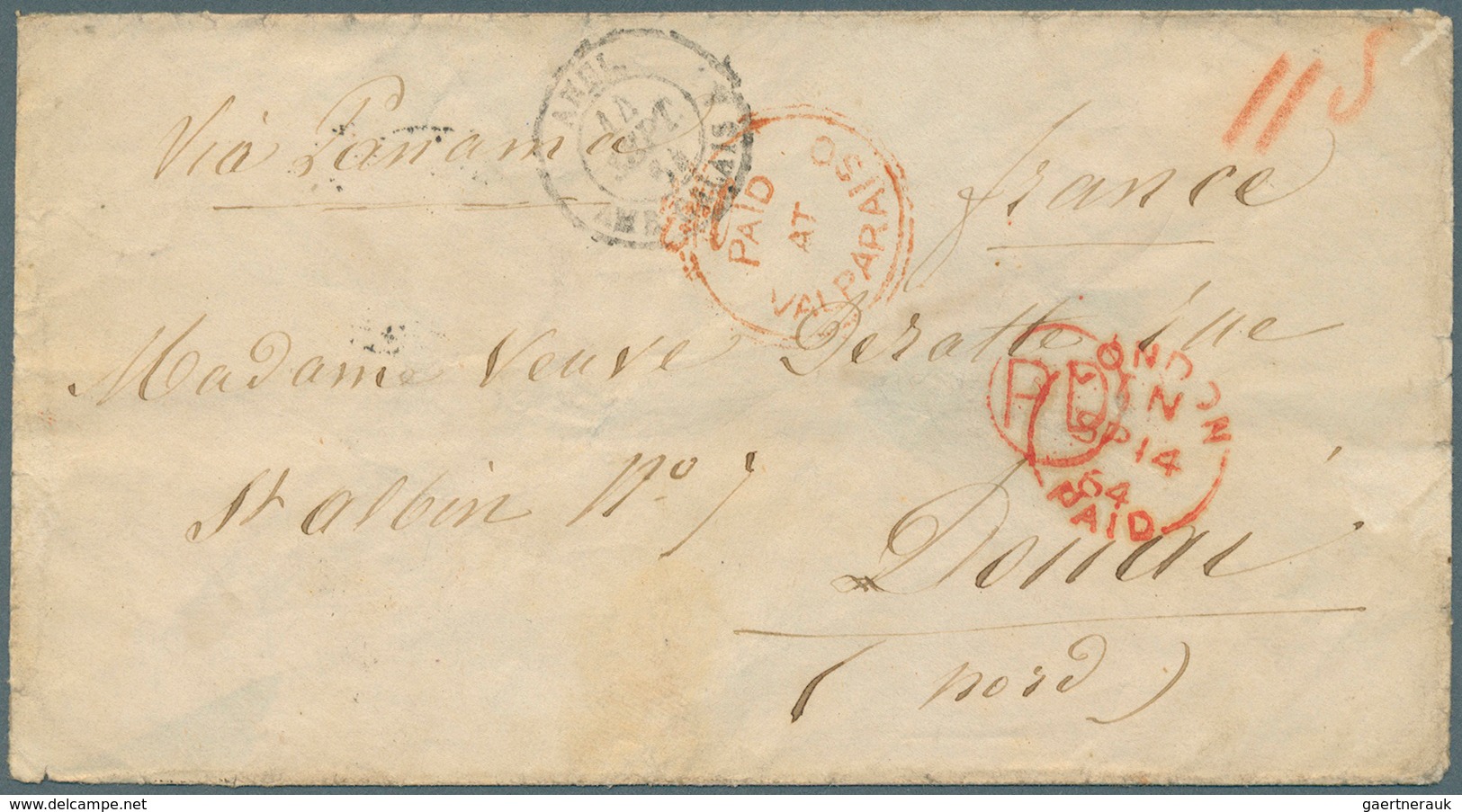 Chile: 1864, Stampless Envelope Tied By Red Crown Mark "PAID AT VALPARAISO", Ms. "VIA PANAMA" & "FRA - Chile