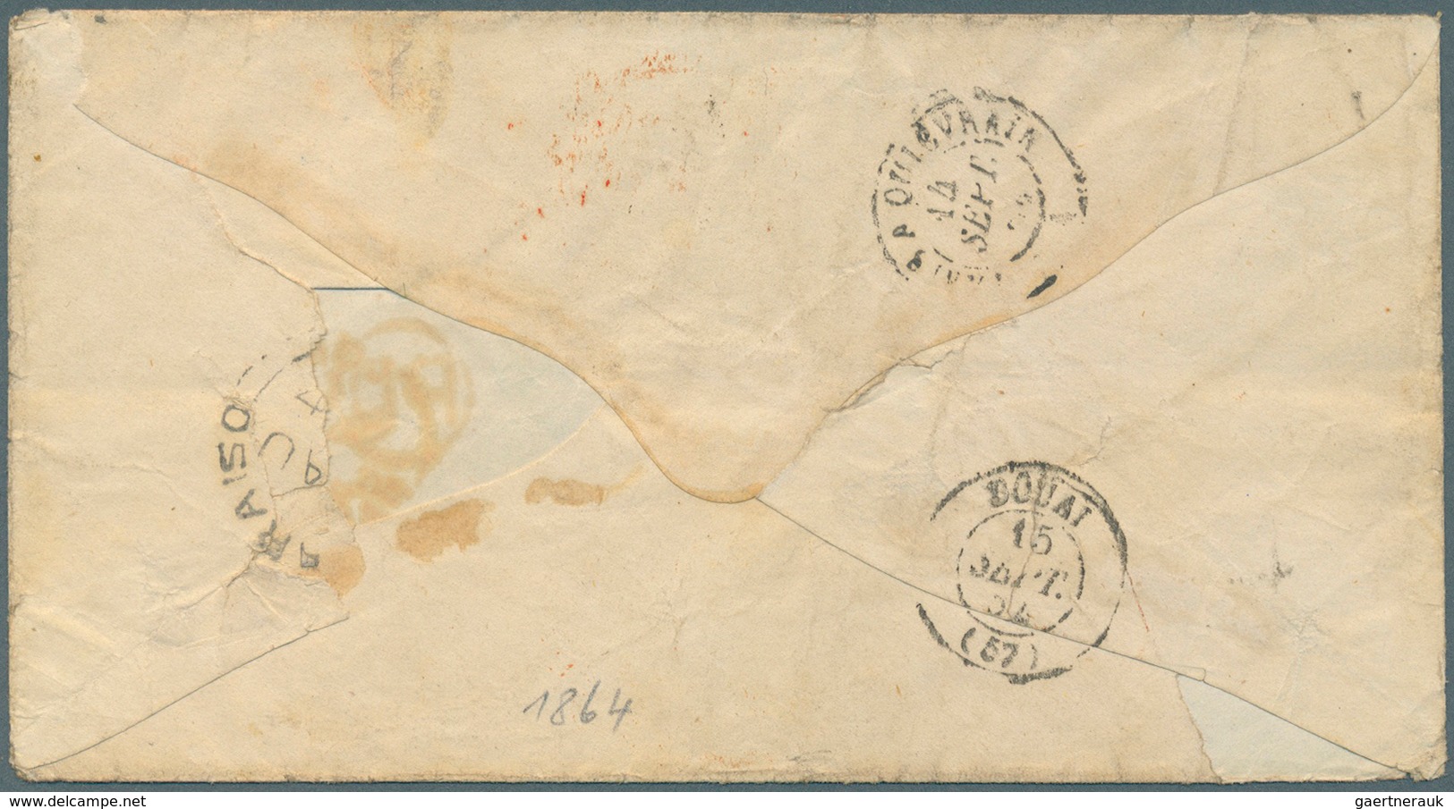 Chile: 1864, Stampless Envelope Tied By Red Crown Mark "PAID AT VALPARAISO", Ms. "VIA PANAMA" & "FRA - Chili